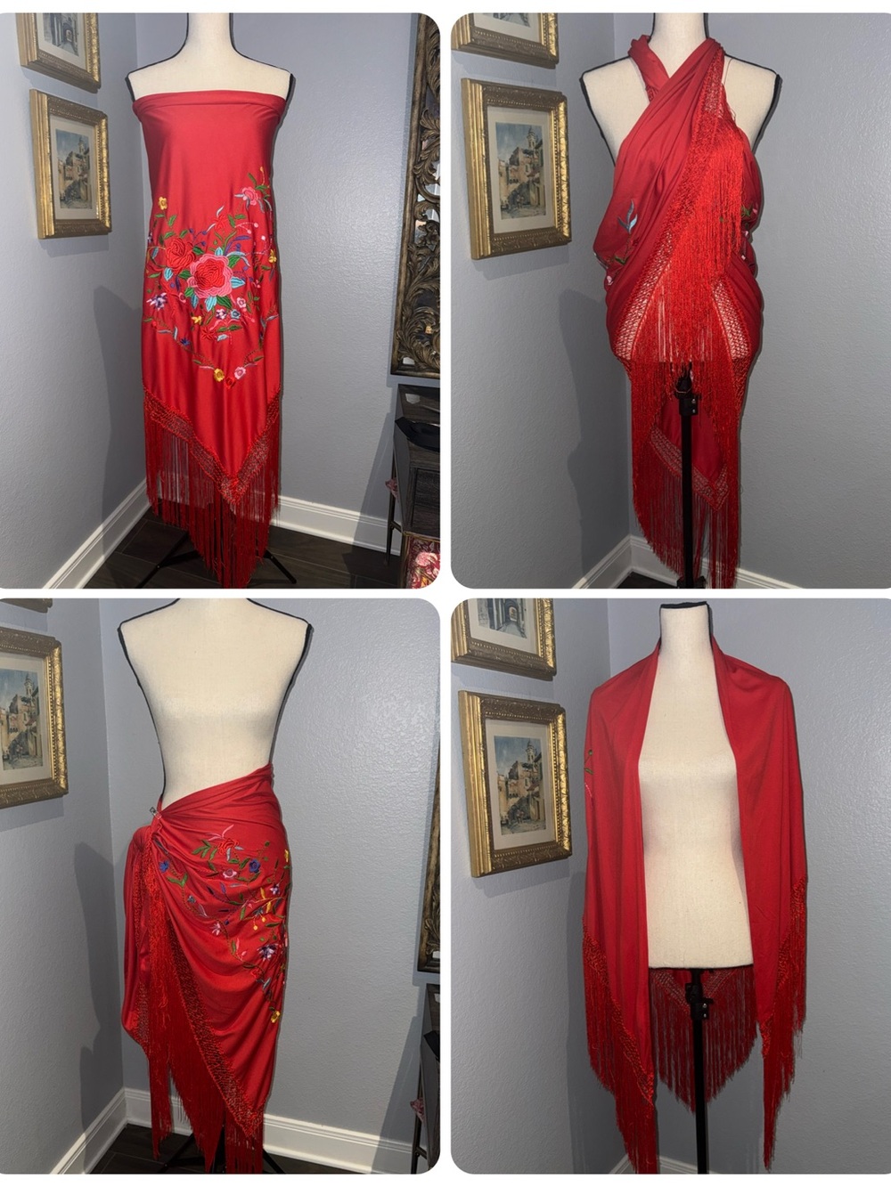 Vtg 90s mantón de Manila Spanish shawl boho Stevie nicks fringe festival red
